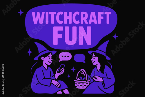 Witchcraft Fun Banner. Witchcraft Fun banner, flat vector illustration, bold oversized text inside rounded blob, cartoon characters sitting and chatting,