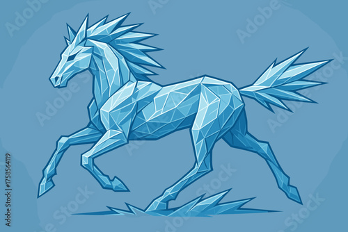 Geometric blue horse made of ice crystals, running on a pastel background