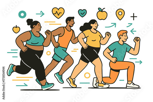 Dynamic Fitness Scene. Fitness and body shape. People exercising or running, glowing motion lines and abstract health icons floating around, diverse body types