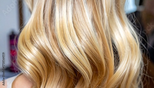 Blond hair close-up as a background. Women's long blonde hair. Beautifully styled wav 