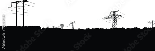 Silhouette illustration of electric power transmission towers and poles across rural landscape, black and white energy distribution network vector, industrial countryside design