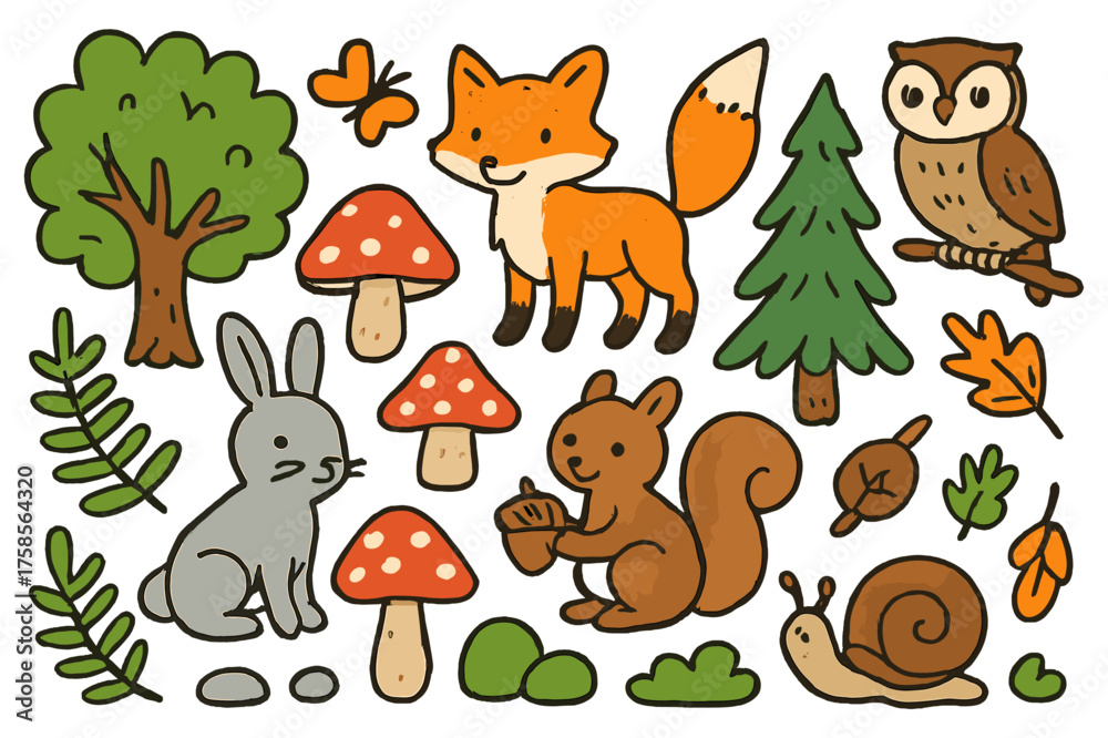 Fototapeta premium Woodland Animals and Plants. Woodland. Colorful Hand-drawn doodle Children illustration Trees, mushrooms, fox, rabbit, squirrel, owl, leaf, fern, acorn, snail,
