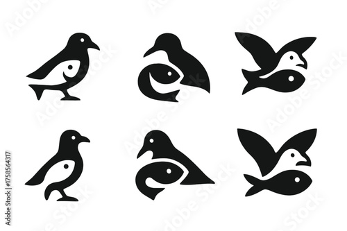 Seagull and Fish Logos. Shoreline ecosystems and animal interactions. Set Logo of seagull and fish: Symmetrical form, Flat solid, Minimal outline, Iconic