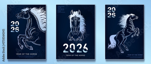 Set of Holiday posters with ornate hand drawn Asian horses for 2026 Lunar New Year. Horse as Chinese traditional horoscope sign on blue gradient background. Minimalist A4 greeting cards for Christmas