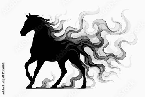 Elegant black horse silhouette with flowing smoke-like design in a monochrome style