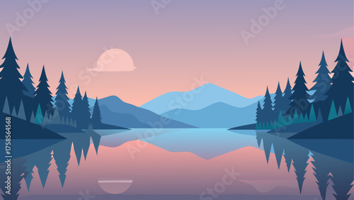 Serene minimalist landscape with pine trees reflecting in a calm lake at sunset