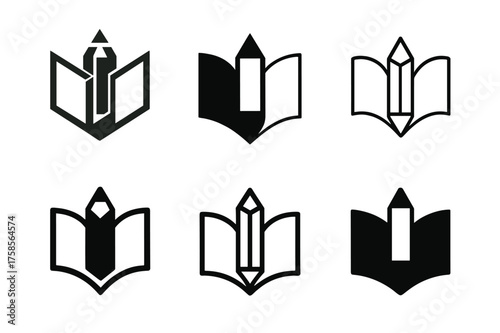 Educational Logo Variations. Groundbreaking work in education and pedagogy. Set Logo of Education: open book with pencil. harmonious logo variations of the