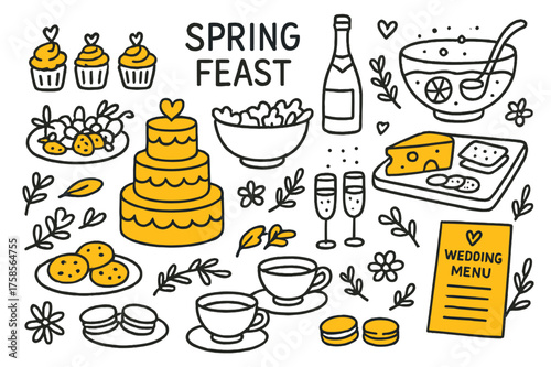 Spring Wedding Feast. Spring feast. Hand-drawn doodle illustration spring feast wedding cake (accented), cupcakes (accented), fruit platter (accented),