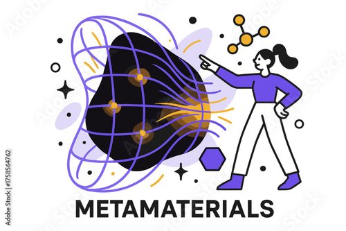 Futuristic Metamaterials Art. Metamaterials. A futuristic glowing grid wrapping around an object, bending rays in abstract arcs. Floating molecules and