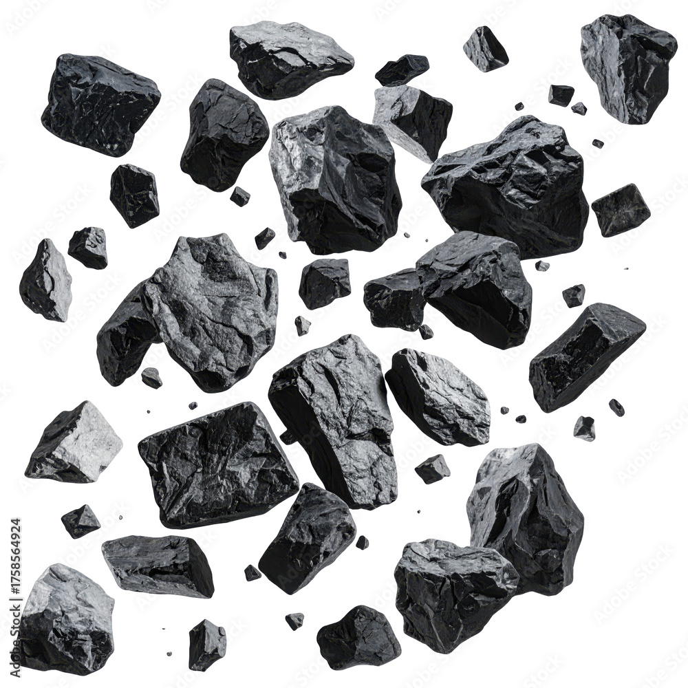Naklejka premium Falling black rocks isolated on white and transparent, background Remove png