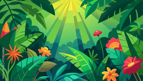 Vibrant jungle foliage with sunlight streaming through the canopy