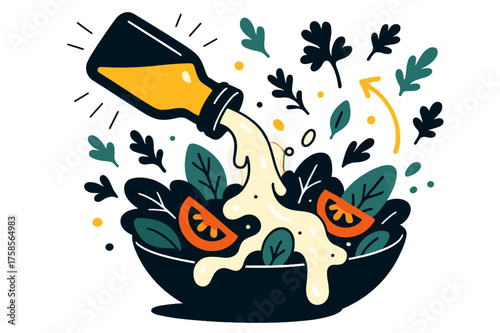 Vibrant Salad Dressing. Creamy dressing pour. A glowing bottle pouring thick creamy dressing over a salad, abstract floating herbs and droplets highlighting