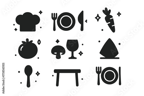 Vegan Chef Icons. Vegan Chef Special. Solid icons set of Vegan Chef Special: Chef Hat, Plate, Fork, Knife, Leaf, Carrot, Tomato, Mushroom, Wine Glass, Napkin,