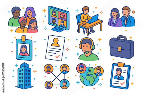 Global Workforce Icons. Global workforce. Colorful isometric vector icons set of global workforce: diverse people, video conference, remote worker desk,
