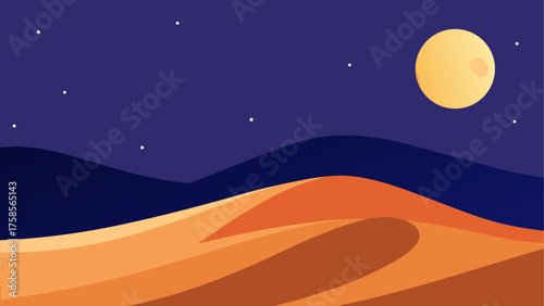 Stylized desert dunes under a starry night sky with a large moon