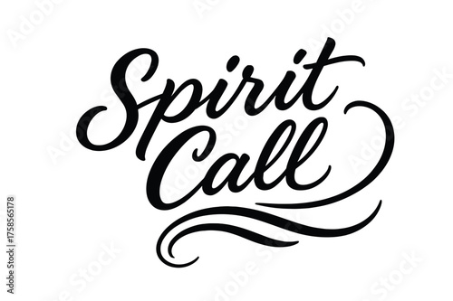 Flowing Script Hand-Lettering. Spirit Call ? Script Hand-Lettering, flowing brush-style cursive with smooth connectors, arched layout, long sweeping tails