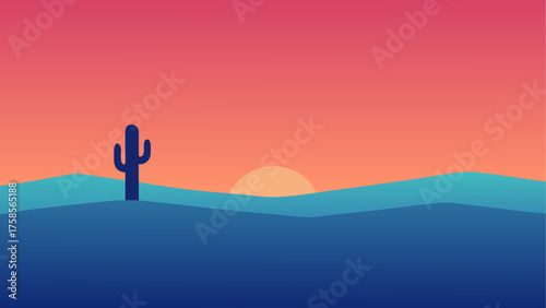 Minimalist desert landscape with a single cactus at sunset