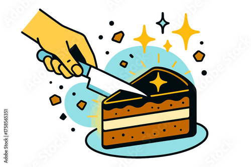 Glowing Chocolate Cake Slice. Chocolate cake slice. A hand holding a knife gently cutting through a glowing layered chocolate cake with cream. Abstract