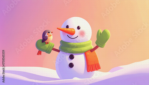 Snowman and Bird in Winter Sunset