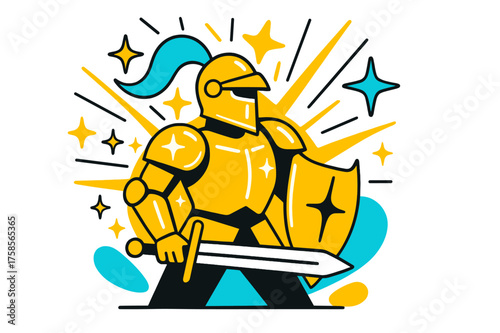 Radiant Knight. Knight of light. A character wearing glowing golden armor with abstract floating stars, rays, and sparkles symbolizing courage and hope. Modern