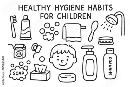 Children's Hygiene Doodles. Healthy hygiene habits for children. Hand-drawn doodle illustration healthy hygiene habits for children toothbrush, toothpaste,