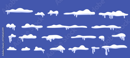 Vector cartoon illustration of snow caps and snowdrifts in various shapes and sizes