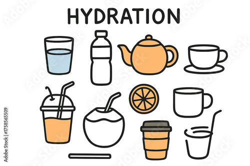 Hydration Doodle Essentials. Hydration. Hand-drawn doodle illustration water glass (colored), water bottle, teapot (colored), tea cup, smoothie (colored),