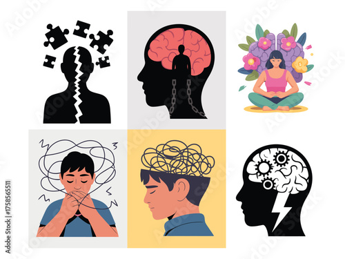 Mental Health Awareness Vector Illustration Showing Different States of Mind Concepts