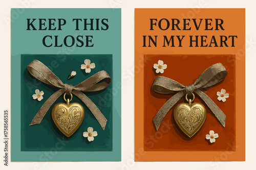 Vintage Locket Banners. Keepsake. Two vertical A6 banners, minimal, turquoise and orange backgrounds, vintage locket on velvet with ribbon and tiny flowers,