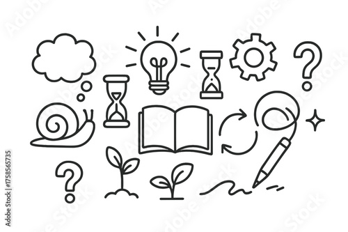 Slow Ideation Icons. Slow ideation process. Hand-drawn doodle illustration slow ideation process snail shell, glowing bulb, hourglass sand, open book, gear