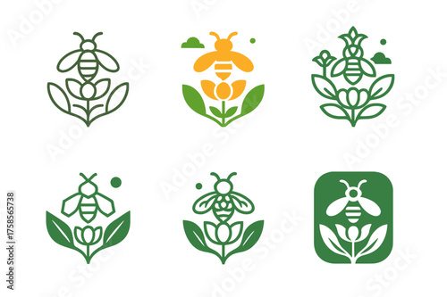 Pollinator Logo Variations. Pollinators. Set Logo of Nature: garden pollination scene. harmonious logo variations of the same emblematic concept, each with