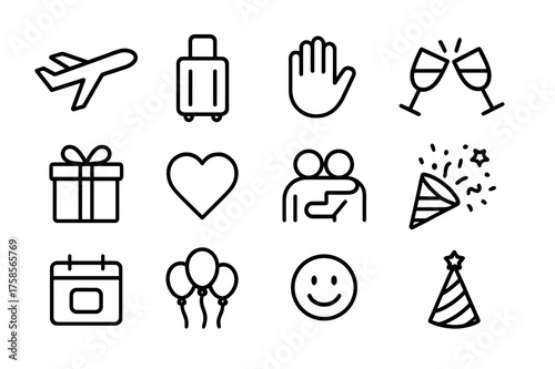 Farewell Icons Set. Farewell party. Line icon set of farewell party: airplane, suitcase, waving hand, clinking glasses, gift box, heart, friends hugging,