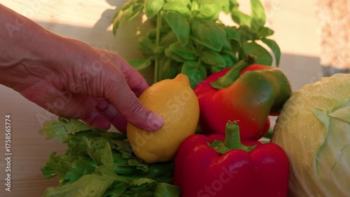 On the table are red pepper, a head of fresh cabbage, basil, and celery. A hand is taking a lemon and placing it down. Close-up shot.