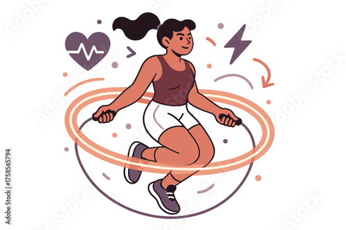 Dynamic Jump Rope Scene. Jump rope. Person jumping with glowing rope loops forming circles of energy. Floating heartbeat and lightning icons showing endurance.