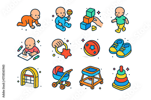 Motor Skills Icons. Motor skills. Colorful isometric vector icons set of motor skills: crawling baby, baby holding rattle, stacking blocks, walking toddler,