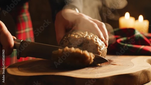 Cutting Traditional Haggis on Wooden Board with Knife