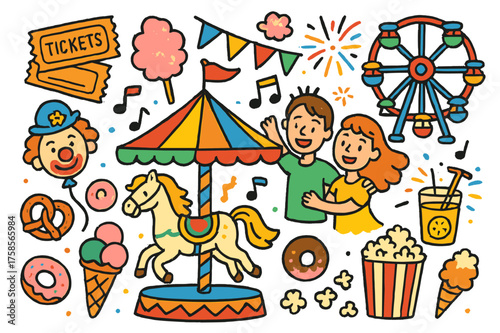 Carnival Celebration Icons. Festival Ride. Colorful Hand-drawn doodle Children illustration Festival Ride merry-go-round horse, joyful couple, carnival