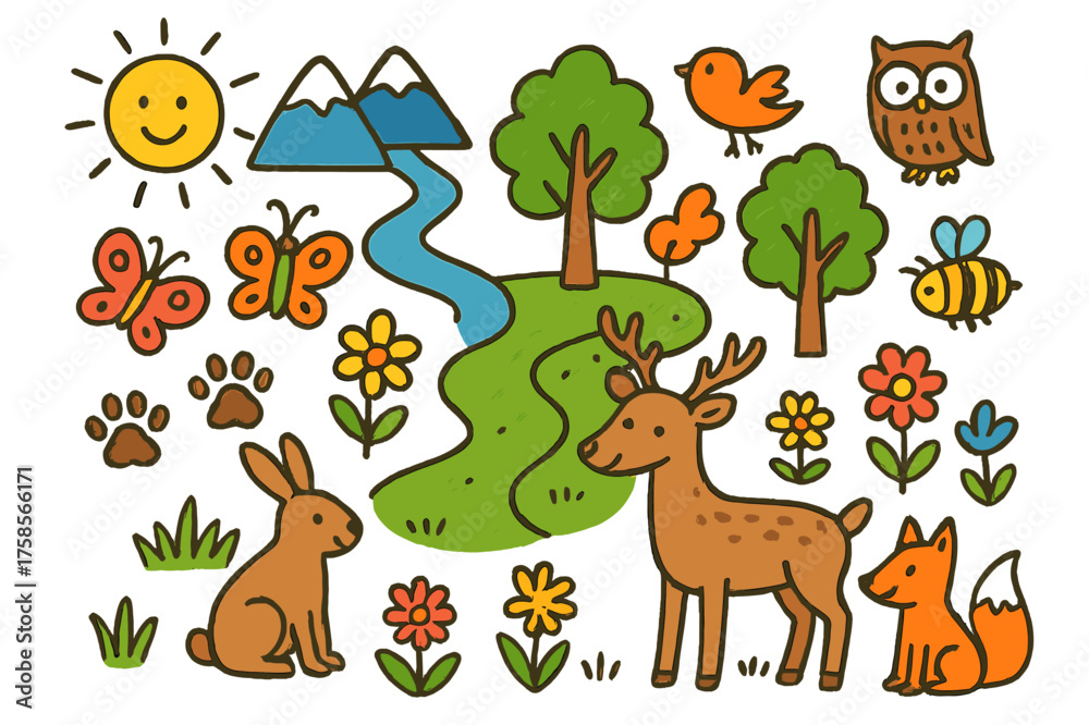 Fototapeta premium Colorful Nature Doodle. Green Corridors. Colorful Hand-drawn doodle Children illustration Tree, grass, butterfly, bird, rabbit, deer, fox, paw prints, flowers,