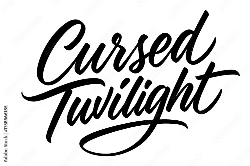 Naklejka premium Cursed Twilight Script. Cursed Twilight ? Script Hand-Lettering, brush-inspired flowing curves, semi-cursive thin connectors, tilted diagonal layout,