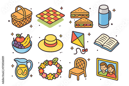 Picnic Day Icons. Picnic day. Colorful isometric vector icons set of picnic day: picnic basket, blanket on grass, sandwiches, thermos, fruit bowl, sun hat,
