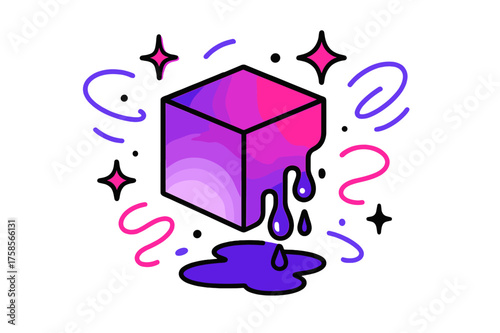 Glowing Cube Melting. Melting process. A glowing cube with one side breaking into droplets, abstract floating swirls and sparkles showing energy transfer.