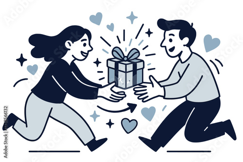 Gift Exchange Scene. Gift sharing. Glowing wrapped packages being handed from one person to another, abstract floating hearts and stars emphasizing kindness