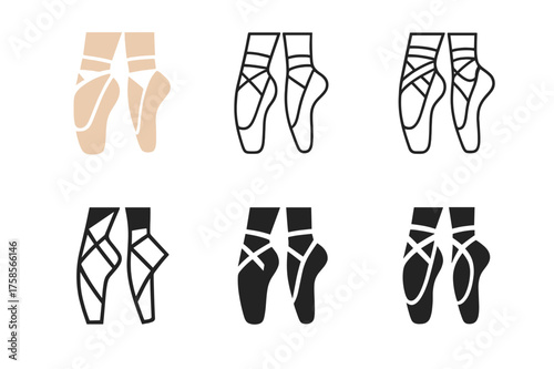 Ballet Logo Variations. A dancer practicing pirouettes in a ballet studio with mirrors. Set Logo of Ballet practice: pointe shoes. harmonious logo variations
