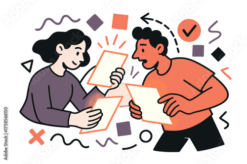 Dynamic Print Review. Reviewing prints. Glowing sheets of printed proofs held by hands, abstract floating lines and geometric shapes emphasizing careful