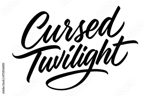 Cursed Twilight Script. Cursed Twilight ? Script Hand-Lettering, brush-inspired flowing curves, semi-cursive thin connectors, tilted diagonal layout,