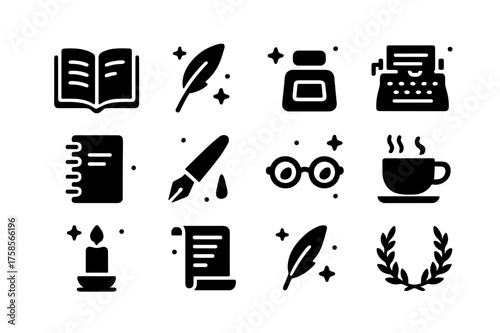 Intergenerational Poetry Icons. Intergenerational Poetry. Solid icons set of Intergenerational Poetry: open book, quill pen, ink bottle, typewriter, notebook,