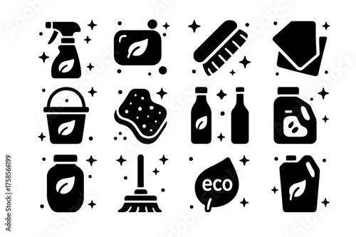Eco Cleaning Icons. Eco cleaning products. Solid icons set of eco cleaning products: spray bottle, soap bar, scrub brush, cloth, bucket, sponge, vinegar