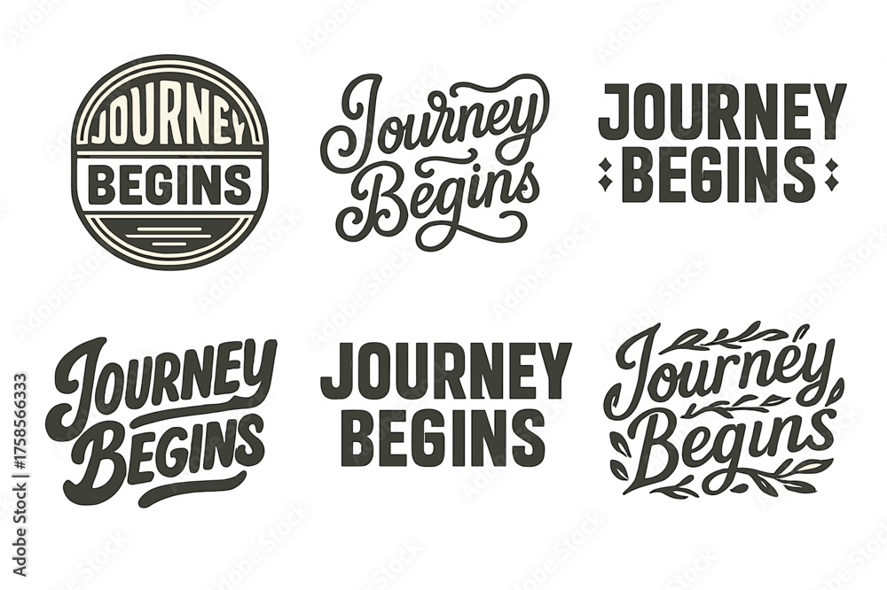 Fototapeta premium Journey Lettering Variations. Journey begins. Set lettering. harmonious lettering variations of the same emblematic concept, each with different artistic