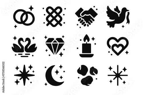 Eternal Love Icons. Eternal Love. Solid icons set of Eternal Love: wedding rings, eternal knot, clasped hands, dove with ribbon, two swans, diamond heart,