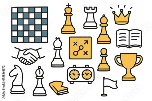 Chess Doodle Symphony. Chess. Hand-drawn doodle illustration chess chessboard (accented), king piece, queen piece (accented), rook, bishop (accented), knight,